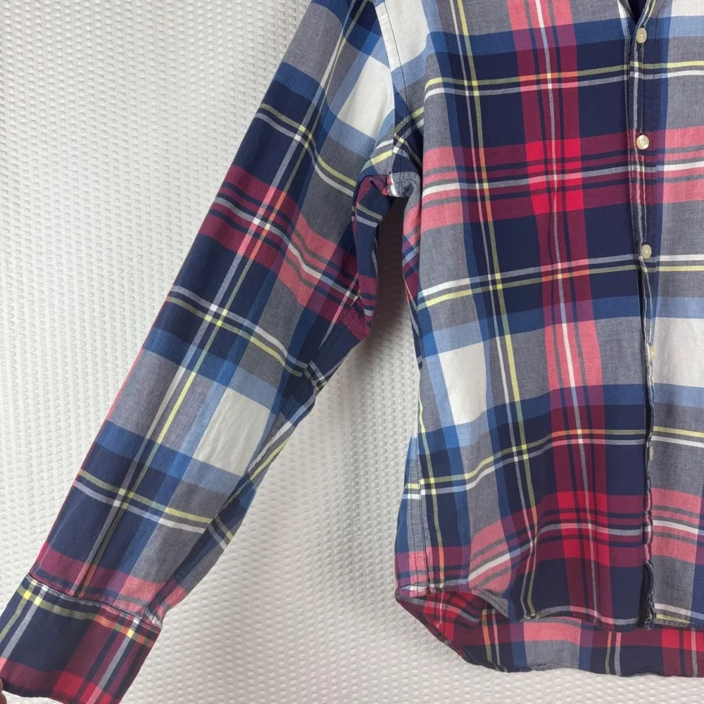 Vtg J. Crew Summer Plaid Button Down Shirt Men Red Blue Large Long Sleeve Pocket